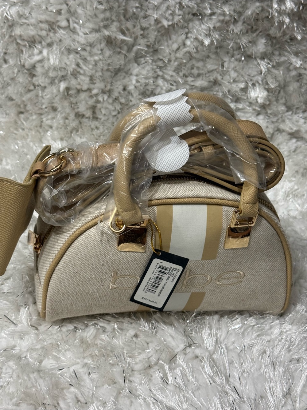 bebe Beige and Cream Mini Dome Satchel with Gold Hardware